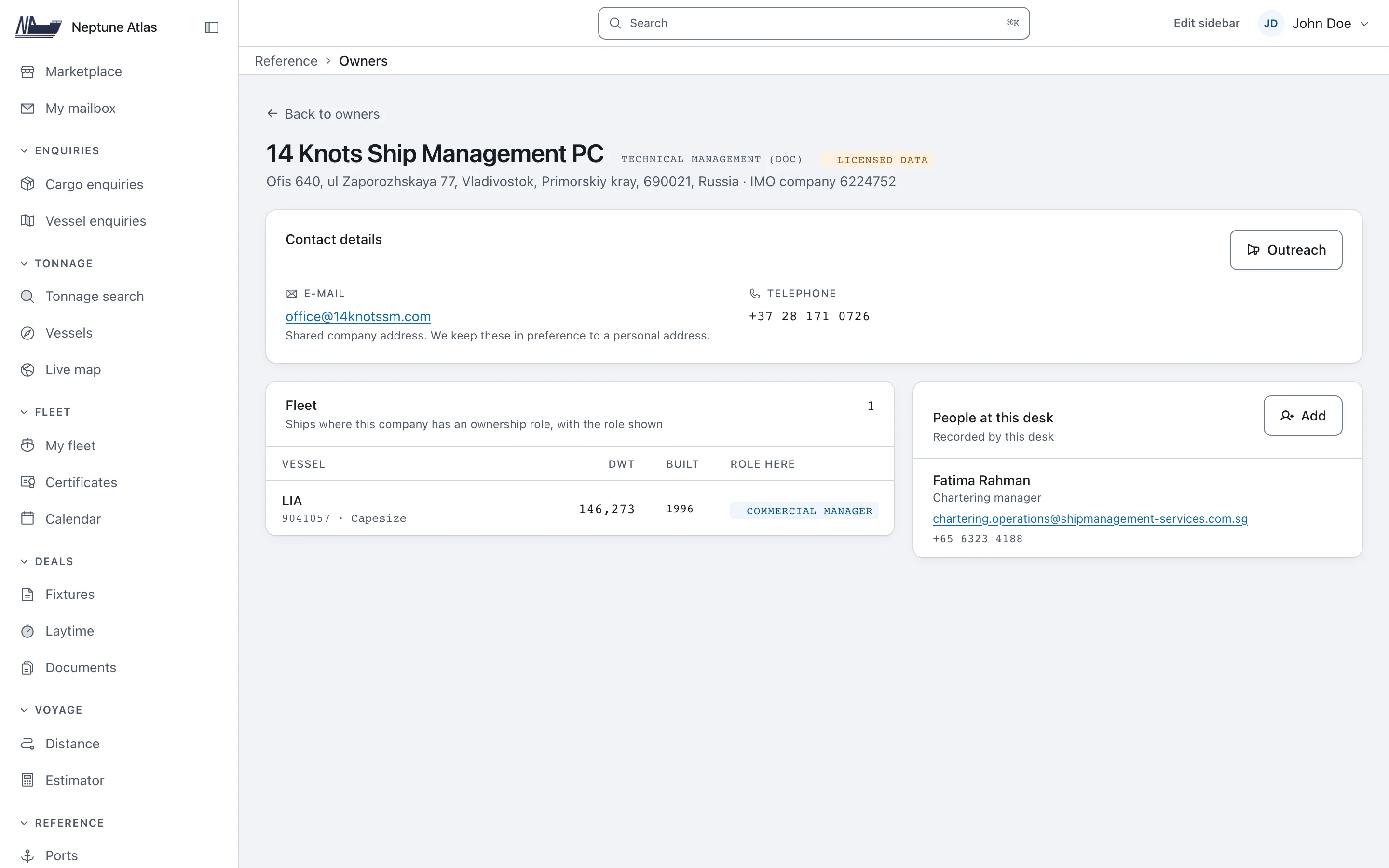 A company record: the fleet it manages and its contacts.