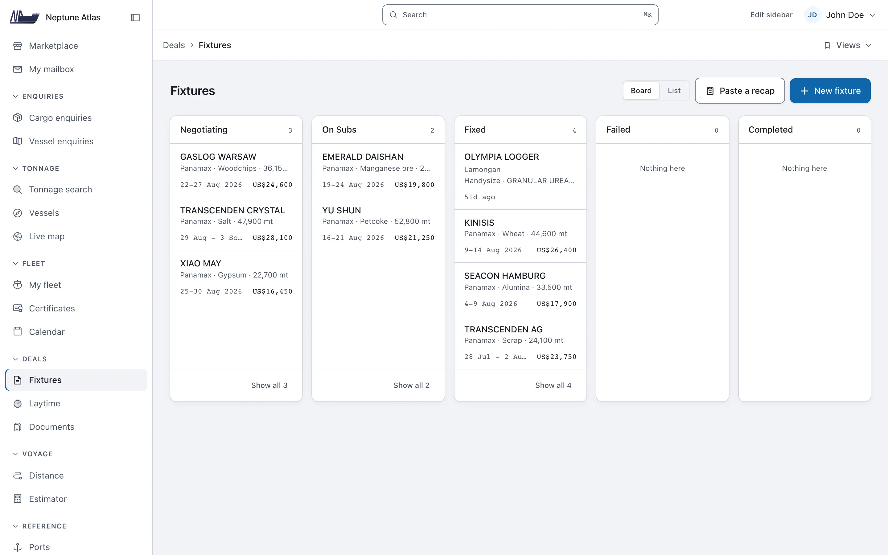 The fixtures list: each deal with its rate, laycan (loading dates), parties and status.