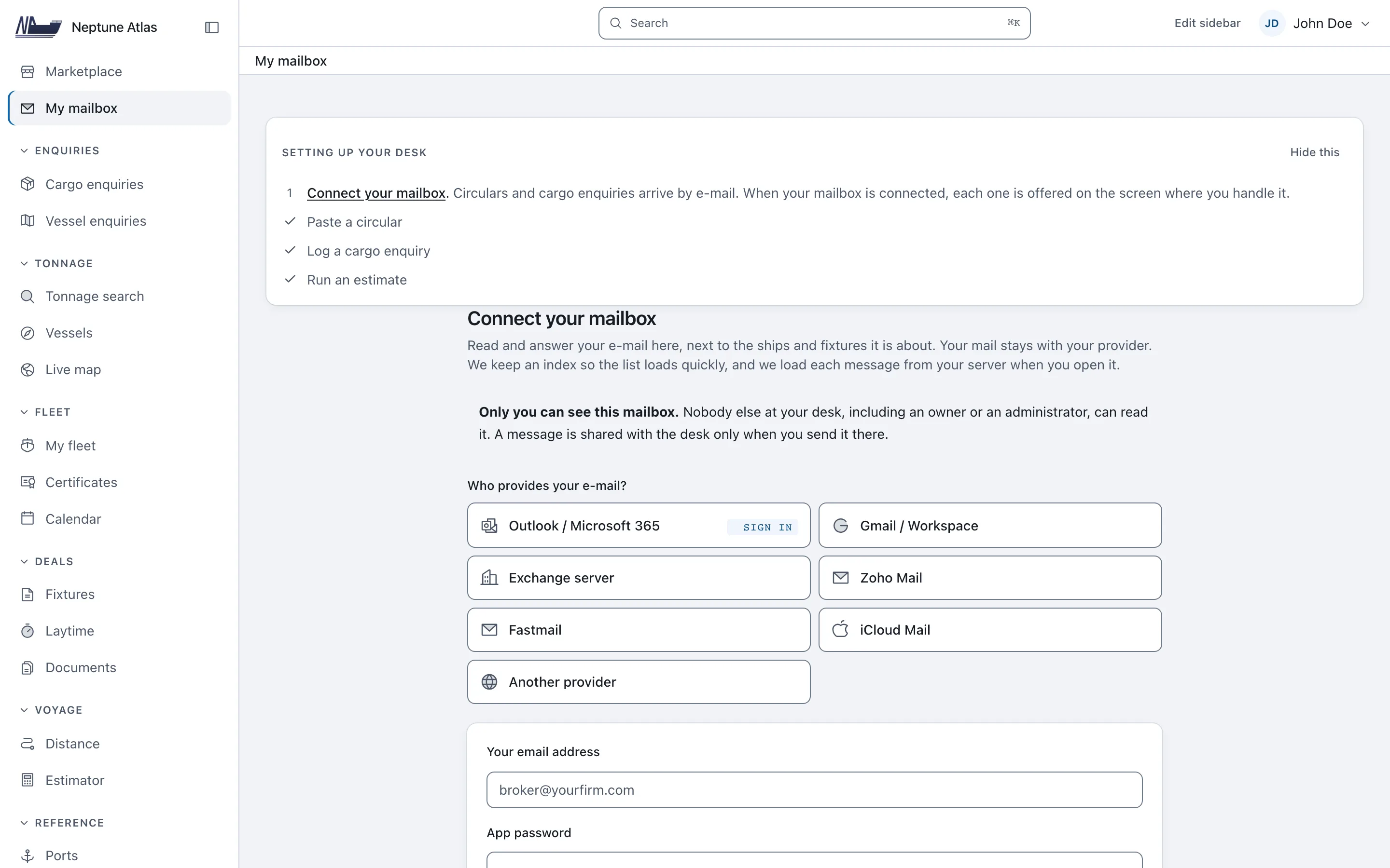 Connecting a mailbox: choose your e-mail provider, then enter your address and an app password. A note says only you can read it.
