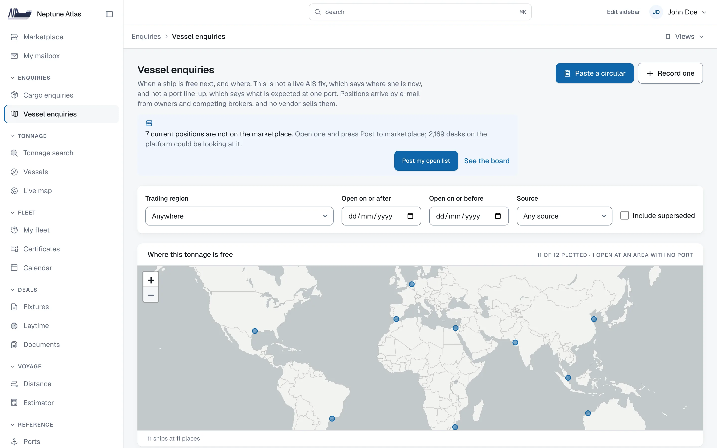 The vessel enquiries screen: ships with open dates, ports, trading regions and the owner's original wording.